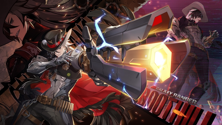 1boy aiming belt black_hair black_hat black_jacket black_pants boothill_(honkai:_star_rail) brooch brown_belt bullet bullet_earrings character_name coin cowboy_hat cropped_jacket earrings finger_cannon full_body grin hat highres honkai:_star_rail honkai_(series) jacket jewelry jigboom long_hair looking_at_viewer male_focus mechanical_arms mechanical_legs multicolored_hair multiple_views one_eye_covered pants sharp_teeth sitting sleeve_rolled_up smile teeth two-tone_hair white_hair zipper zipper_pull_tab