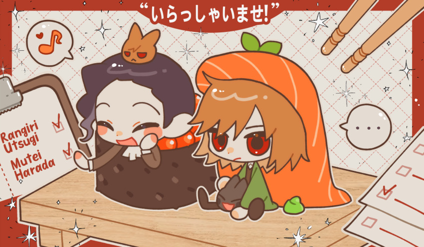 ... 2boys :&lt; :/ absurdres ascot black_hair black_pants blush_stickers brown_hair brown_jacket brown_vest character_name chibi chibi_only chopsticks clipboard closed_eyes closed_mouth collared_shirt commentary_request fish_(food) food forehead green_jacket gunkanmaki harada_mutei heart highres ikura_(food) jacket jitome jjeom korean_commentary long_sleeves male_focus medium_hair multiple_boys musical_note open_clothes open_jacket open_mouth pants red_eyes saibou_shinkyoku salmon shirt short_hair sitting smile speech_bubble spoken_ellipsis spoken_heart spoken_musical_note sprout sushi translated utsugi_rangiri vest white_ascot white_shirt