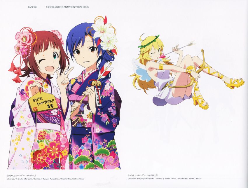 3girls ;d absurdres ahoge amami_haruka armlet arrow_(projectile) artist_name bell blonde_hair blue_hair blue_kimono bow_(weapon) bracelet breasts brown_eyes brown_hair copyright_name floral_print flower green_eyes grin hair_flower hair_ornament highres holding holding_arrow holding_bow_(weapon) holding_weapon hoshii_miki idolmaster idolmaster_(classic) japanese_clothes jewelry kimono kisaragi_chihaya long_hair looking_at_viewer masuyama_ryouji medium_breasts multiple_girls murasaki_yoshino official_art one_eye_closed open_mouth page_number pink_flower print_kimono short_hair short_shorts shorts sideboob smile standing updo w weapon white_background white_flower white_kimono white_shorts white_wings wings