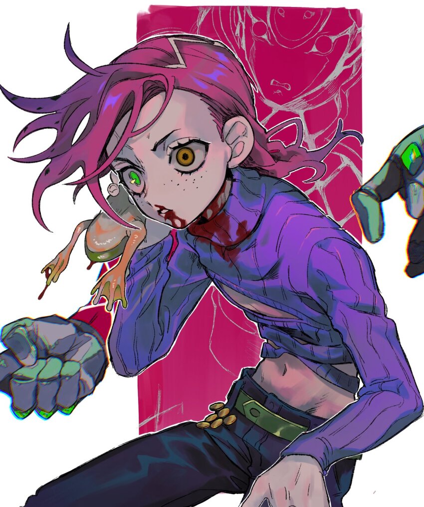 1boy animal belt black_pants blood blood_on_clothes blood_on_face brown_eyes c73an cleavage_cutout clothing_cutout eyelashes freckles frog green_belt green_eyes heterochromia highres holding holding_animal jojo_no_kimyou_na_bouken king_crimson_(stand) long_sleeves male_focus midriff navel pants parted_lips pink_hair purple_sweater ribbed_sweater stand_(jojo) sweater turtleneck turtleneck_sweater vento_aureo vinegar_doppio