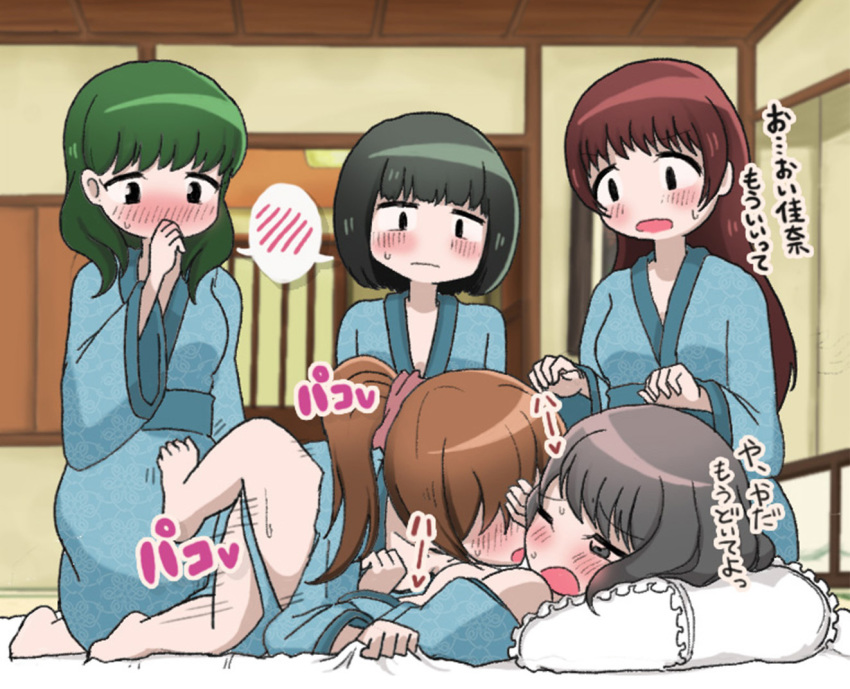 5girls barefoot black_eyes blush bowl_cut brown_hair cellphone closed_mouth dark_green_hair dry_humping female_pervert futon green_hair humping indoors inn japanese_clothes kimono leg_grab light_brown_hair light_green_hair long_hair lying medium_hair mejikara_scene motion_lines multiple_girls nose_blush on_back open_mouth original pervert phone pillow ponytail rape robe short_hair smartphone spread_legs sweat swept_bangs tatami translated watching yukata yuri