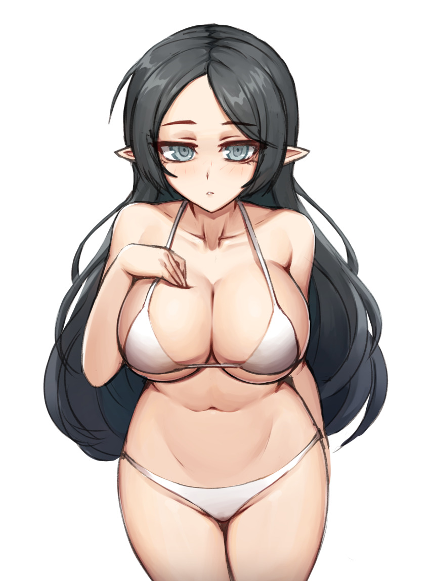 1girl adele_(maplestory) bare_shoulders bikini bippew black_hair blush breast_suppress breasts cleavage collarbone cowboy_shot grey_eyes highres large_breasts long_hair looking_at_viewer maplestory navel parted_bangs parted_lips pointy_ears simple_background solo stomach swimsuit white_background
