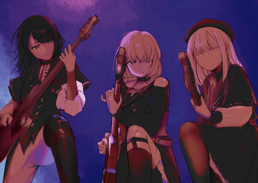 3girls absurdres bang_dream! bang_dream!_it&#039;s_mygo!!!!! bass_guitar black_hair black_pants black_pantyhose black_socks blonde_hair blue_background closed_mouth clothing_cutout commentary_request doloris_(bang_dream!) electric_guitar expressionless guitar hat highres instrument kneehighs long_hair long_sleeves looking_at_viewer medium_hair misumi_uika mortis_(bang_dream!) mortis_(costume)_(bang_dream!) multiple_girls music pants pantyhose parted_lips photo-referenced playing_bass_guitar playing_guitar playing_instrument purple_eyes red_hat shoulder_cutout smile socks tenrouza_ray timoris_(bang_dream!) two-tone_pants wakaba_mutsumi white_hair white_pants yahata_umiri yellow_eyes