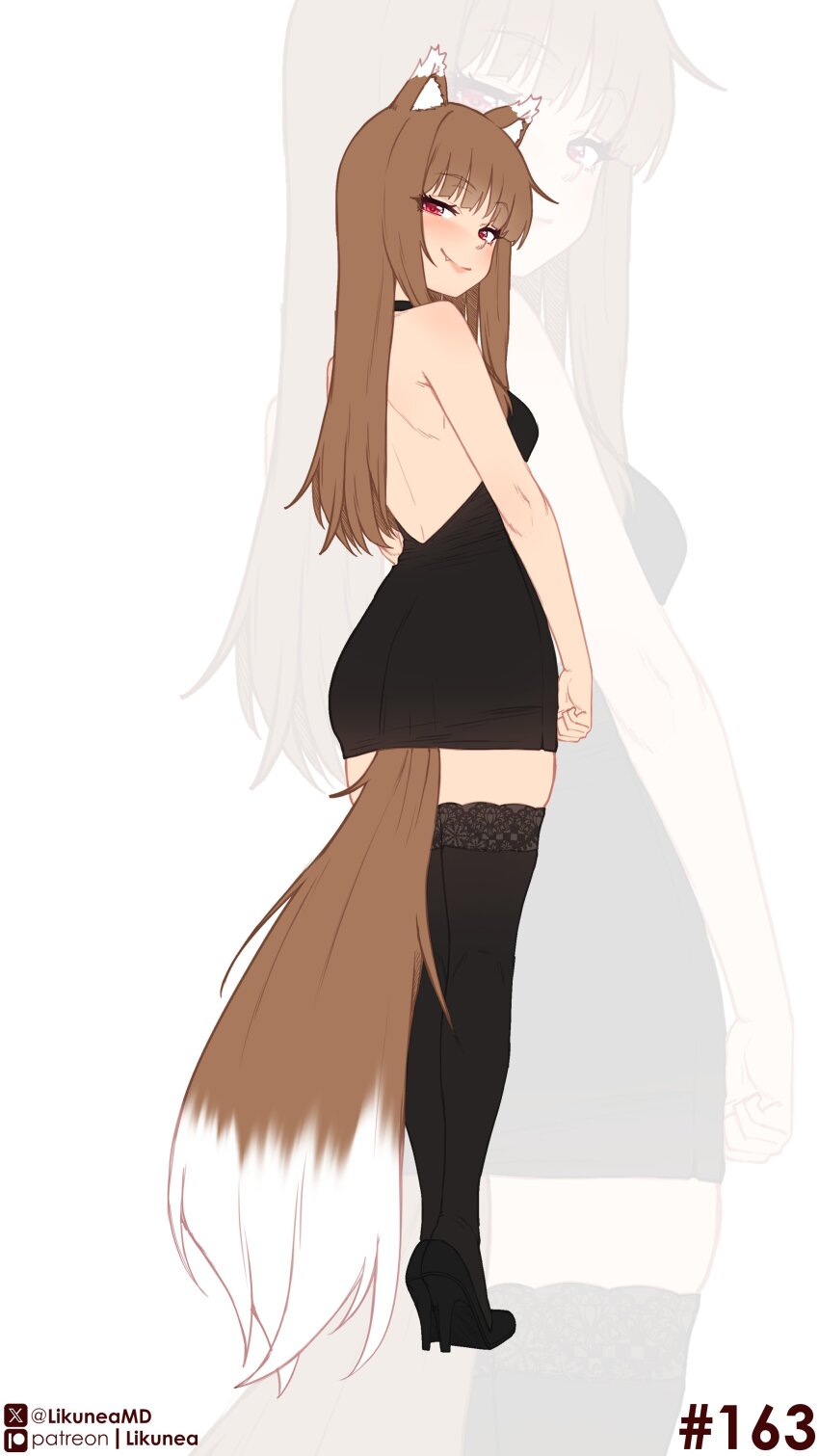 1girl absurdres animal_ears back backless_outfit bare_back black_dress black_thighhighs blush brown_hair closed_mouth commentary dress english_commentary fang high_heels highres holo likunea long_hair looking_at_viewer patreon_logo patreon_username red_eyes simple_background smile solo spice_and_wolf standing tail thighhighs twitter_username twitter_x_logo white_background wolf_ears wolf_girl wolf_tail zoom_layer