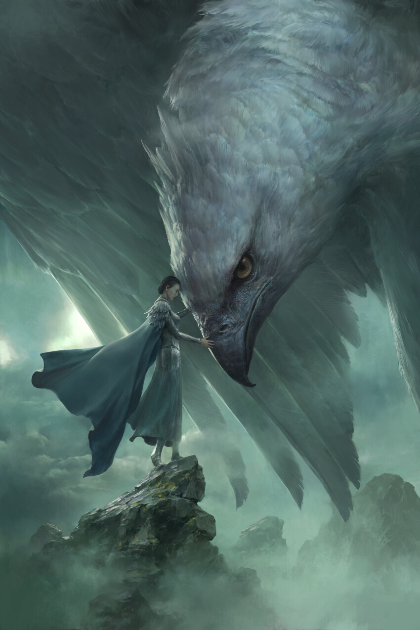 1girl above_clouds absurdres animal armor armored_dress bird black_hair blue_cape blue_dress blue_sky brown_eyes cape cloud day dress fantasy feathered_wings feathers forehead-to-forehead from_side heads_together highres jin_xiaodi original outdoors oversized_animal profile realistic rock short_hair size_difference sky standing standing_on_rock wide_shot wings