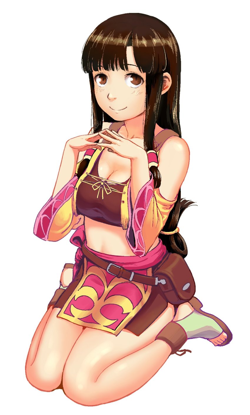 1girl breasts brown_eyes brown_hair cleavage closed_mouth full_body highres imizu_futoshi large_breasts legs long_hair looking_at_viewer saaya_(suisei_no_gargantia) simple_background smile solo suisei_no_gargantia toes white_background
