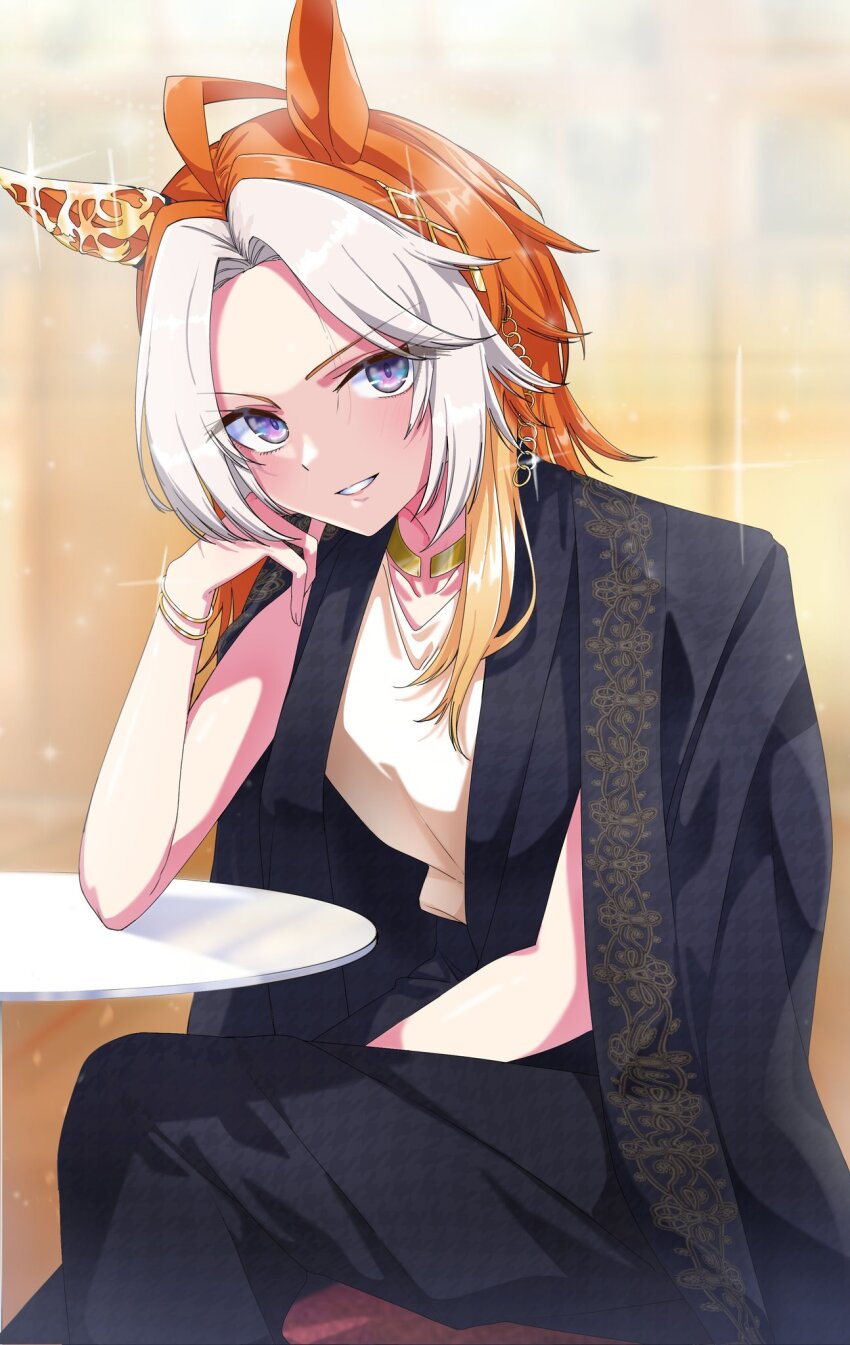 1girl ahoge alternate_costume animal_ears arm_support black_jacket bracelet breasts commentary_request crossed_legs ear_covers ear_ornament hair_ornament highres horse_ears horse_girl jacket jacket_on_shoulders jewelry long_hair long_sleeves looking_at_viewer necklace nerukichikatafukuma orange_hair orfevre_(old_design)_(umamusume) purple_eyes single_ear_cover sitting small_breasts smile solo sparkle table thighhighs umamusume white_hair