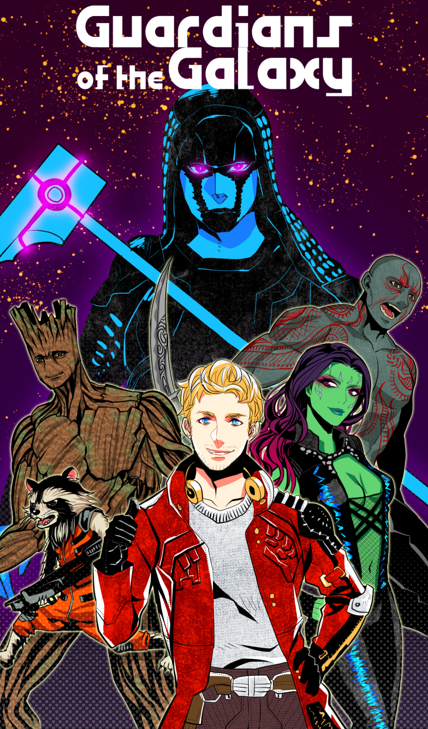 5boys animification blonde_hair blue_skin brown_hair colored_skin drax_the_destroyer gamora green_skin groot guardians_of_the_galaxy gun hammer highres ken_shirou_(loco) marvel marvel_cinematic_universe multiple_boys peter_quill raccoon rocket_raccoon ronan_the_accuser sword weapon