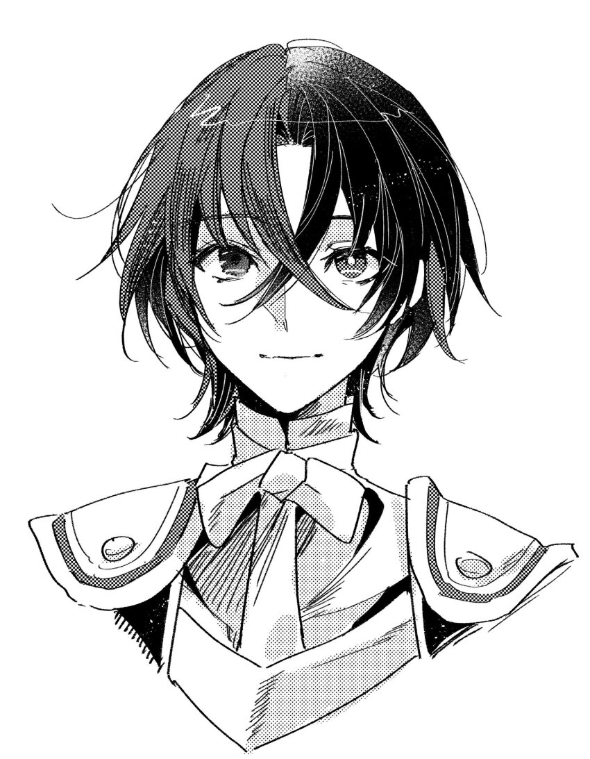 1girl alear_(fire_emblem) alear_(male)_(fire_emblem) closed_mouth crossed_bangs fire_emblem fire_emblem_engage greyscale heterochromia highres illust_mi looking_at_viewer monochrome multicolored_hair nintendo portrait solo split-color_hair two-tone_hair