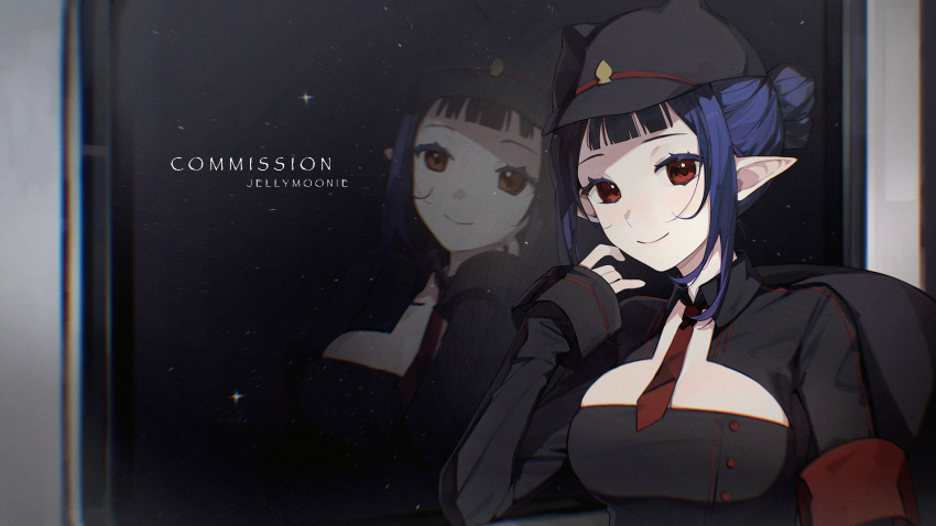 1girl artist_name black_coat black_hair black_headwear breasts cleavage_cutout clothing_cutout coat commission dizzy_dokuro hair_bun highres large_breasts long_sleeves moonie necktie night night_sky phase_connect pointy_ears red_eyes red_necktie reflection short_necktie sky sleeves_past_wrists smile solo star_(sky) upper_body virtual_youtuber