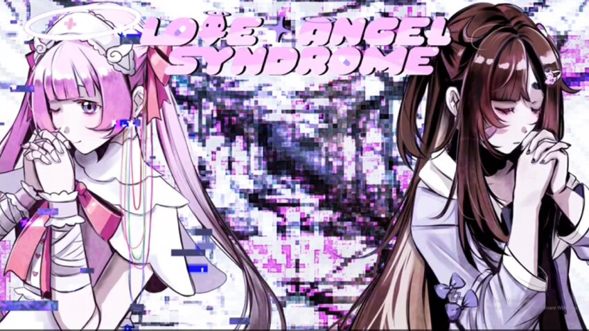 2girls :| aegyo_sal ai-chan_(love_angel_syndrome) bandaged_arm bandages bandaid bandaid_on_face black_nails blue_jacket blunt_bangs brown_hair cable_hair closed_eyes closed_mouth distortion double-parted_bangs dress english_text ghost_hair_ornament hair_ribbon halo hat jacket joints long_hair long_sideburns loose_wires love_angel_syndrome multiple_girls neck_ribbon nurse_cap official_art one_eye_closed own_hands_together pill_hair_ornament pink_dress pink_hair praying ribbon robot_joints short_twintails sideburns smile twintails upper_body winged_sleeves wrist_cuffs yuuna_(love_angel_syndrome)