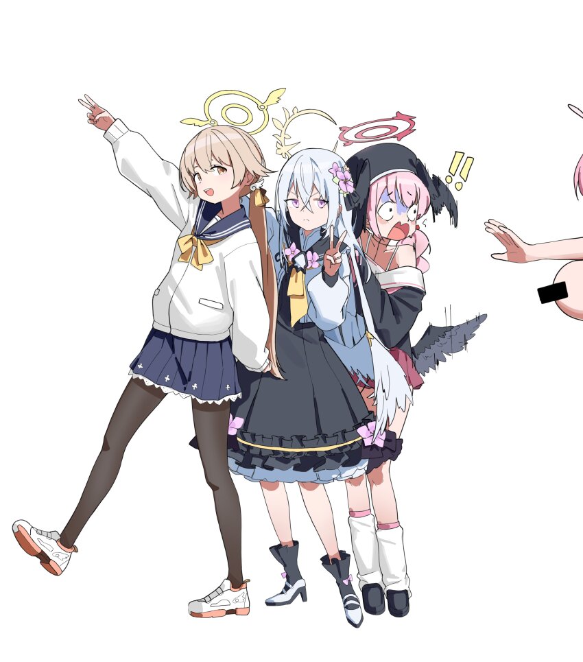 ! !! 4girls absurdres adon_(dufaladanidu) arm_up azusa_(blue_archive) black_dress black_hat black_pantyhose black_shirt black_wings blue_archive blue_skirt breasts brown_hair cardigan censored censored_nipples closed_mouth dress flower grey_hair hair_flower hair_ornament halo hanako_(blue_archive) hat head_wings hifumi_(blue_archive) high_heels highres koharu_(blue_archive) large_breasts long_hair long_sleeves looking_at_viewer low_wings multiple_girls open_mouth pantyhose pink_hair purple_eyes red_halo red_skirt scared shirt simple_background skirt socks standing standing_on_one_leg v white_background white_cardigan white_socks white_wings wings yellow_halo