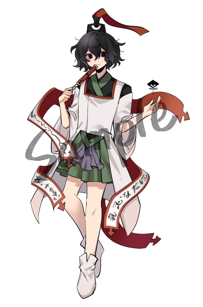 1other androgynous black_eyes black_hair black_hat black_sleeves closed_mouth crossed_legs detached_sleeves eye_of_senri full_body green_hakama green_skirt hakama hakama_short_skirt hakama_skirt hat hat_ribbon highres holding holding_rod japanese_clothes jinbei_(clothes) kariginu layered_sleeves len&#039;en long_sleeves looking_at_viewer object_to_mouth ofuda ofuda_on_clothes other_focus outstretched_hand red_ribbon ribbon rod sample_watermark senri_tsurubami short_hair simple_background skirt smile socks solo watermark white_background white_sleeves white_socks wide_sleeves xiao_ganju_nailuo