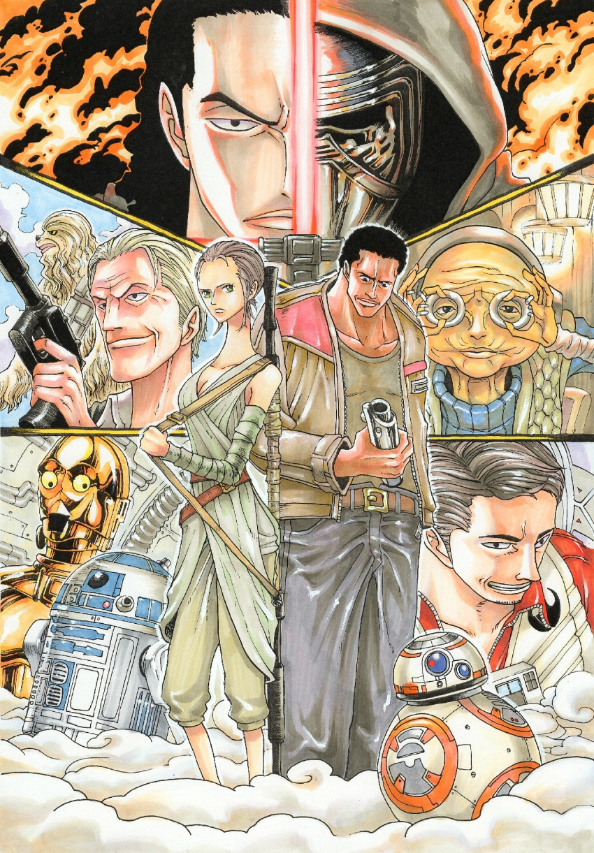 2girls 6+boys adjusting_eyewear alien android angry animification astromech_droid azuma_hokuto bb-8 belt c-3po chewbacca crossover dark_skin dust emblem energy_gun energy_sword epic finn_(star_wars) fire glasses han_solo helmet highres hood jacket jedi jumpsuit kylo_ren lightsaber manly mask maz_kanata multiple_boys multiple_girls oda_eiichirou_(style) old one_piece parody pilot_suit poe_dameron r2-d2 ray_gun rebel_pilot_(star_wars) rey_(star_wars) robot science_fiction sith smoke spacecraft_interior spoilers staff star_wars star_wars:_the_force_awakens style_parody sword traditional_media unworn_mask vest weapon