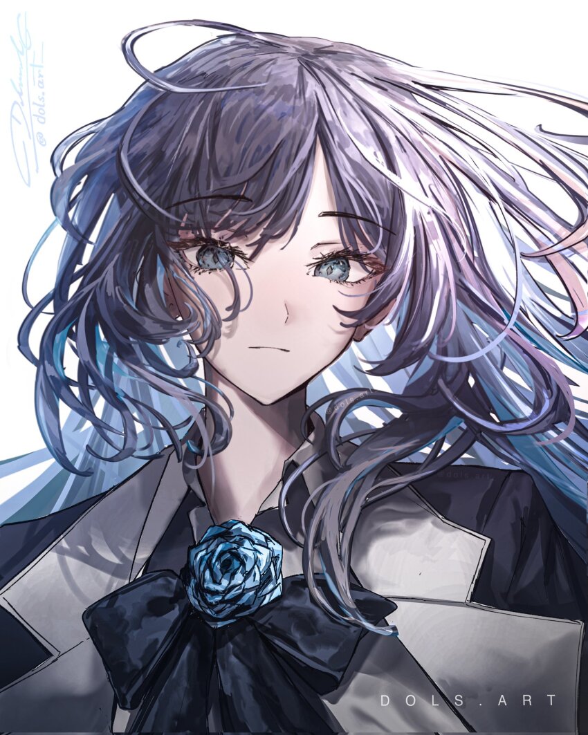 1girl ado_(utaite) black_bow black_bowtie black_hair blue_eyes blue_flower blue_hair blue_rose bow bowtie brooch chando_(ado) closed_mouth commentary corrupted_twitter_file dols_art english_commentary flower flower_brooch highres long_hair looking_at_viewer mole mole_under_eye rose signature simple_background solo upper_body utaite white_background