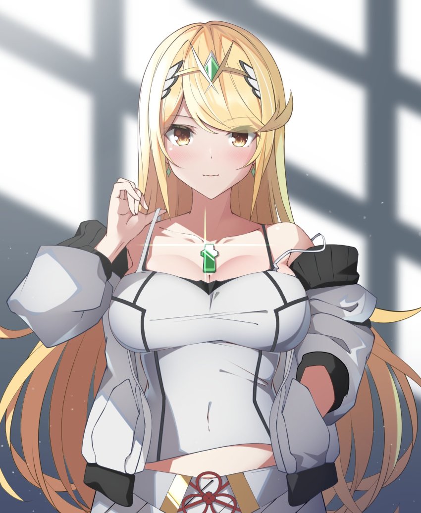 blonde_hair breasts camisole chest_jewel cosplay highres jacket large_breasts long_hair mio_(xenoblade) mio_(xenoblade)_(cosplay) mythra_(xenoblade) swept_bangs tank_top tsumugi_1210 very_long_hair white_camisole white_jacket white_tank_top xenoblade_chronicles_(series) xenoblade_chronicles_2 xenoblade_chronicles_3 yellow_eyes