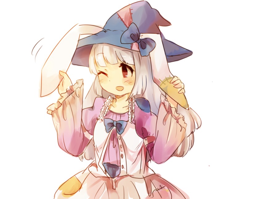 1girl animal_ears blush breasts crablettes dress female_focus hat irisu_kyouko irisu_shoukougun! long_hair one_eye_closed open_mouth rabbit_ears red_eyes silver_hair small_breasts smile solo standing third-party_source witch_hat