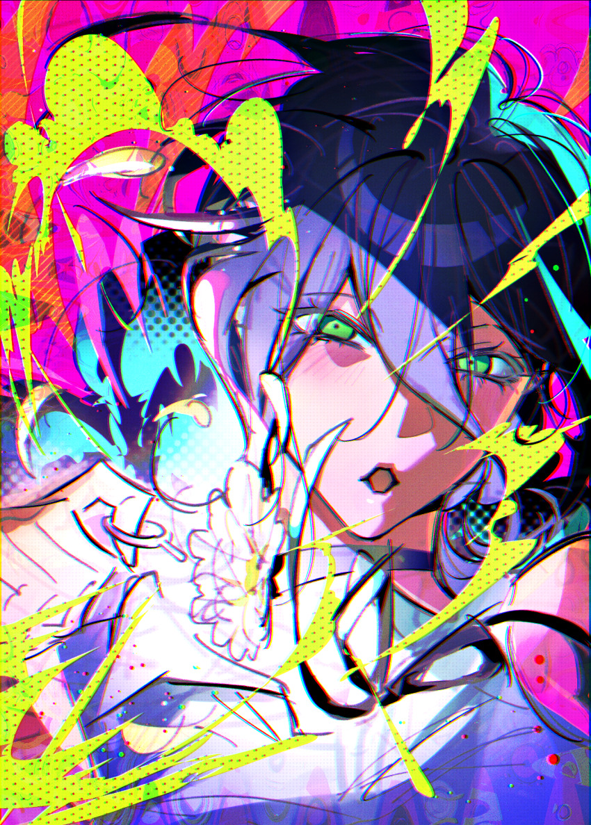 1girl black_choker black_ribbon chainsaw_man choker colorful green_eyes grenade_pin hair_between_eyes highres honla looking_at_viewer neck_ribbon open_mouth purple_hair reze_(chainsaw_man) ribbon shirt solo white_shirt