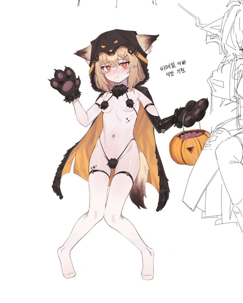 1girl :3 absurdres alternate_costume animal_ears animal_hands arknights bikini black_bikini black_cape blonde_hair bone_hair_ornament breasts bright_pupils cape commentary_request condom condom_wrapper di_le_to dot_nose ears_through_hood elbow_gloves flustered fox_ears fox_girl fox_tail fur_bikini gloves groin hair_ornament halloween halloween_bucket highres hood hooded_cape korean_commentary korean_text looking_at_viewer material_growth navel orange_cape orange_eyes oripathy_lesion_(arknights) paw_gloves revealing_clothes ribs simple_background small_breasts stomach swimsuit tail tearing_up thighhighs trick_or_treat two-sided_cape two-sided_fabric vermeil_(arknights) white_pupils white_thighhighs