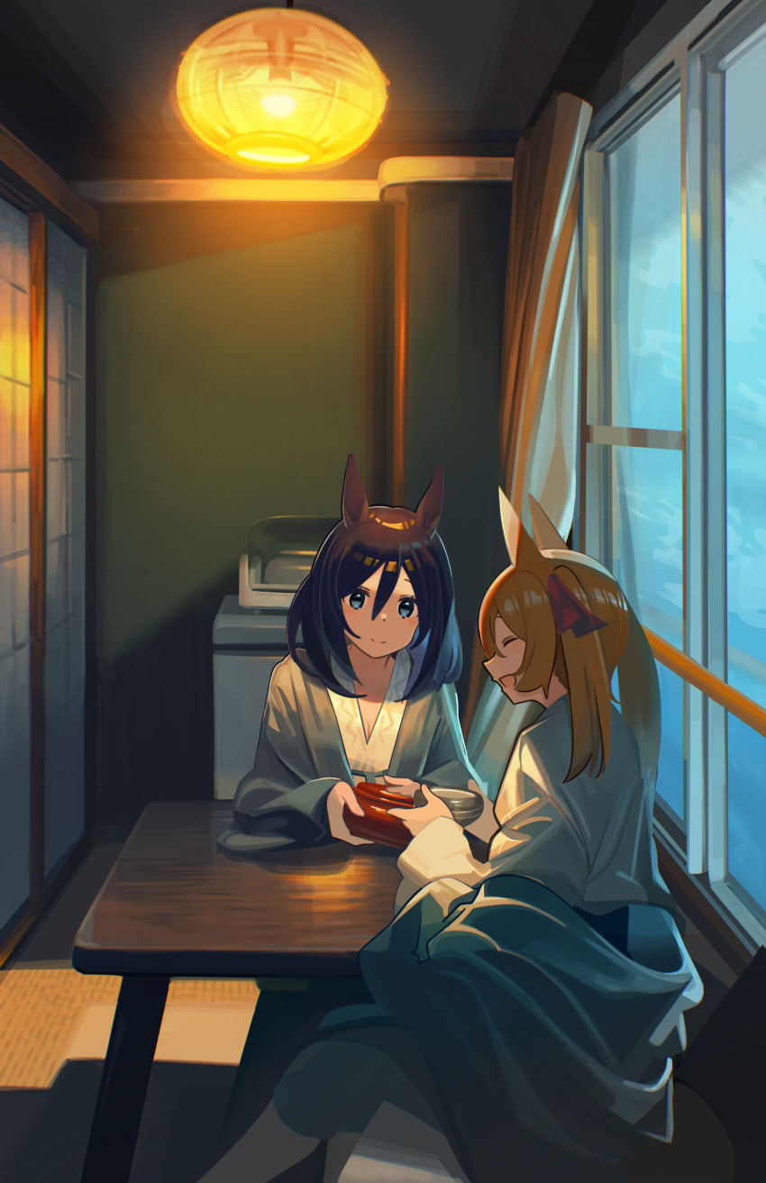 2girls absurdres animal_ears ashinowoto bath_yukata black_hair blue_eyes bow bowl brown_hair closed_eyes closed_mouth curtains eishin_flash_(umamusume) grey_robe hair_bow highres holding holding_bowl horse_ears indoors japanese_clothes kimono long_hair long_sleeves medium_hair multiple_girls open_mouth robe sitting sliding_doors smart_falcon_(umamusume) smile table twintails umamusume window yukata
