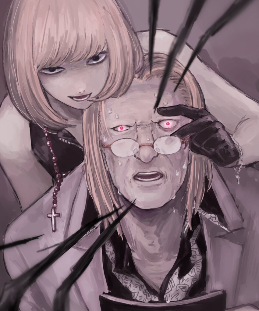3boys bare_shoulders black_gloves black_vest blonde_hair bob_cut cross cross_necklace death_note death_note_(object) glasses gloves glowing glowing_eyes grey_background highres holding holding_eye_open holding_notebook jacket jewelry leather_vest mafia male_focus mature_male medium_hair mello_(death_note) monmonchoco multiple_boys necklace notebook open_mouth red_eyes ryuk shinigami sweat upper_body vest white_jacket