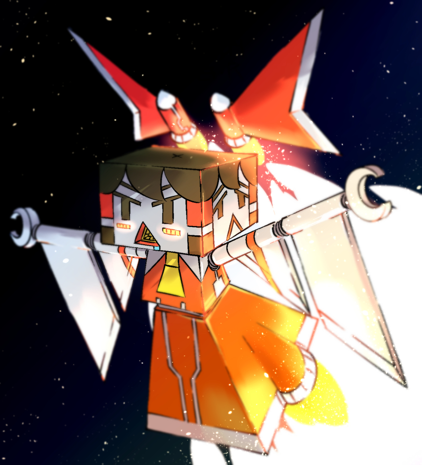 commentary_request cookie_(touhou) hakurei_reimu highres mecha mechanization no_humans open_mouth robot rocket sakenomi_(cookie) sky star_(sky) starry_sky touhou ukiwagirl