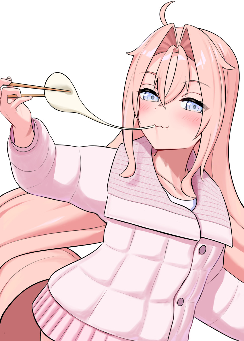 1girl :3 absurdres ahoge alternate_costume chopsticks coat commentary_request drum_(kancolle) eating food gradient_background hair_between_eyes hair_intakes hair_rings highres kantai_collection l_meet long_hair mochi pink_coat pink_hair simple_background smile solo upper_body white_background winter_clothes winter_coat