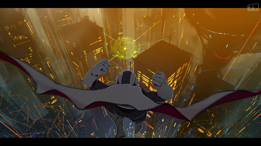1boy building cape city cityscape f-zero from_behind helmet hologram male_focus nintendo phoenix_(f-zero) science_fiction skyscraper solo teke
