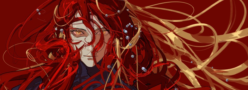 1boy absurdres beads fate/grand_order fate_(series) floating_hair highres long_hair looking_at_viewer male_focus portrait red_background red_hair simple_background siyemmm solo tristan_(fate) unusually_open_eyes yellow_eyes