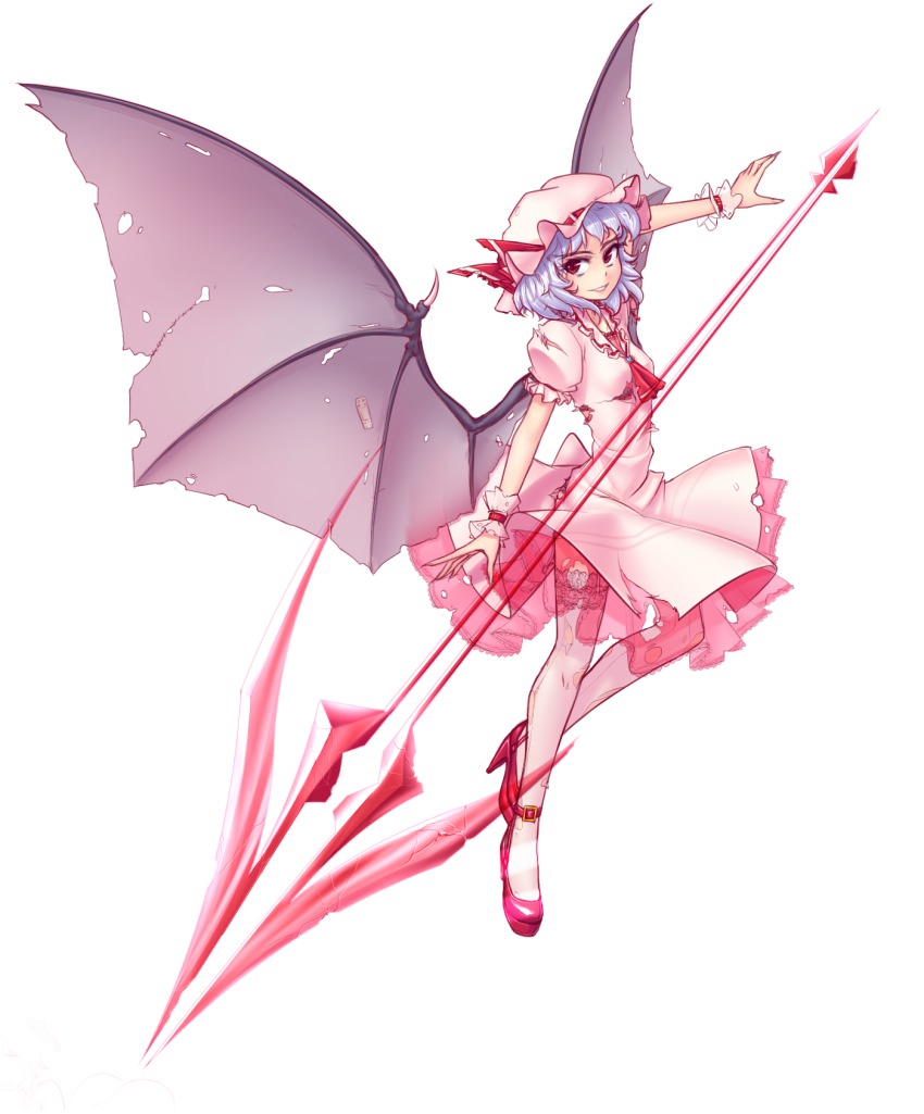 1girl :d ascot bandages bandaid bandaid_on_wing bat_wings blue_hair bow breasts brooch buckle collar dress female_focus floating floating_object frilled_collar frilled_shirt_collar frilled_sleeves frills full_body gem grin hat hat_bow hater_(hatater) high_heels highres huge_weapon jewelry lace lace-trimmed_legwear lace_trim lips long_sleeves mob_cap open_mouth outstretched_arms polearm puffy_short_sleeves puffy_sleeves red_bow red_eyes red_shoes remilia_scarlet shoes short_hair short_sleeves silver_hair simple_background small_breasts smile solo spear spear_the_gungnir teeth thick_eyebrows thighhighs torn_clothes torn_dress torn_wings touhou tsurime weapon white_background white_dress white_thighhighs wings zettai_ryouiki