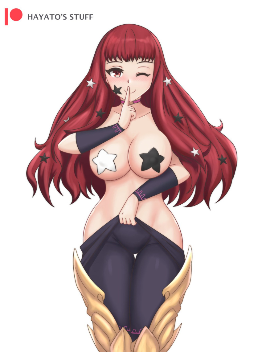 1girl bodysuit breasts choker commentary facial_mark finger_to_mouth fire_emblem fire_emblem_engage hair_ornament hayato_stuff highres large_breasts long_hair looking_at_viewer mismatched_pasties nintendo pasties pink_choker purple_bodysuit purple_pasties red_eyes red_hair shushing smile solo star_(symbol) star_facial_mark star_hair_ornament star_pasties white_pasties yunaka_(fire_emblem)