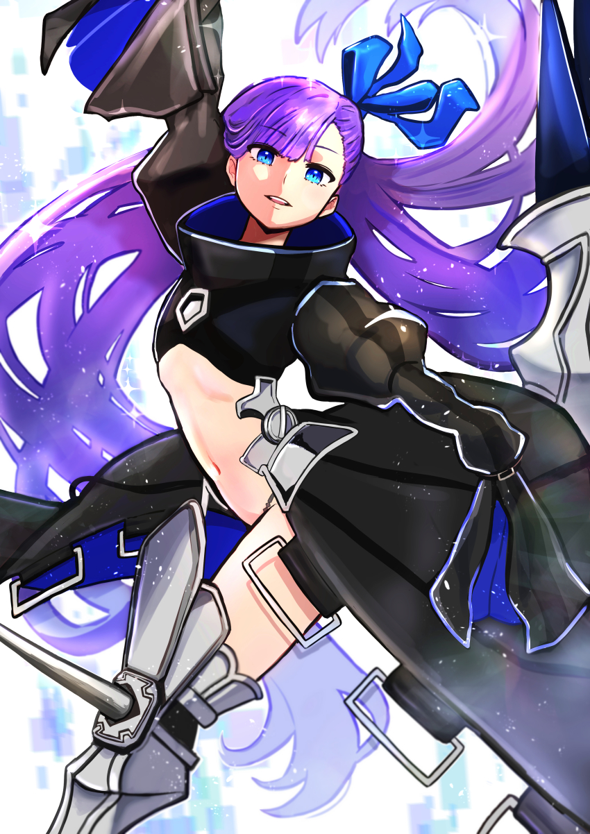 1girl absurdres black_coat blue_eyes coat fate/extra fate/extra_ccc fate/grand_order fate_(series) hair_ribbon highres knee_spikes long_hair long_sleeves meltryllis_(fate) navel purple_hair ribbon sheyona sleeves_past_fingers sleeves_past_wrists very_long_hair