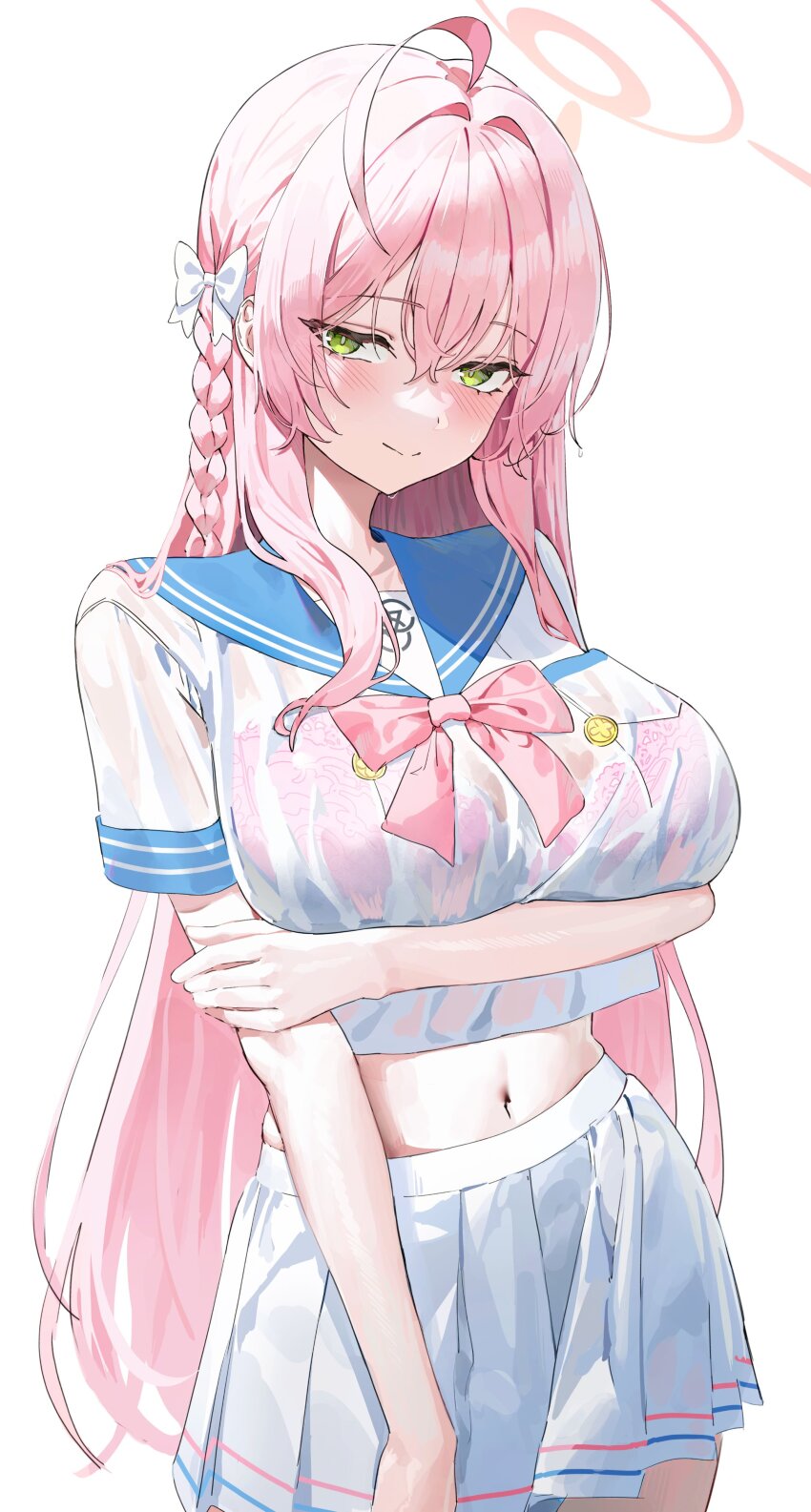 1girl absurdres ahoge arm_under_breasts blue_archive blush bow bra bra_visible_through_clothes braid breasts damcheong green_eyes hair_bow halo hanako_(blue_archive) highres large_breasts long_hair looking_at_viewer navel pink_bra pink_hair pink_halo pleated_skirt see-through_clothes see-through_shirt shirt skirt smile solo underwear wet wet_clothes wet_shirt white_background white_shirt white_skirt