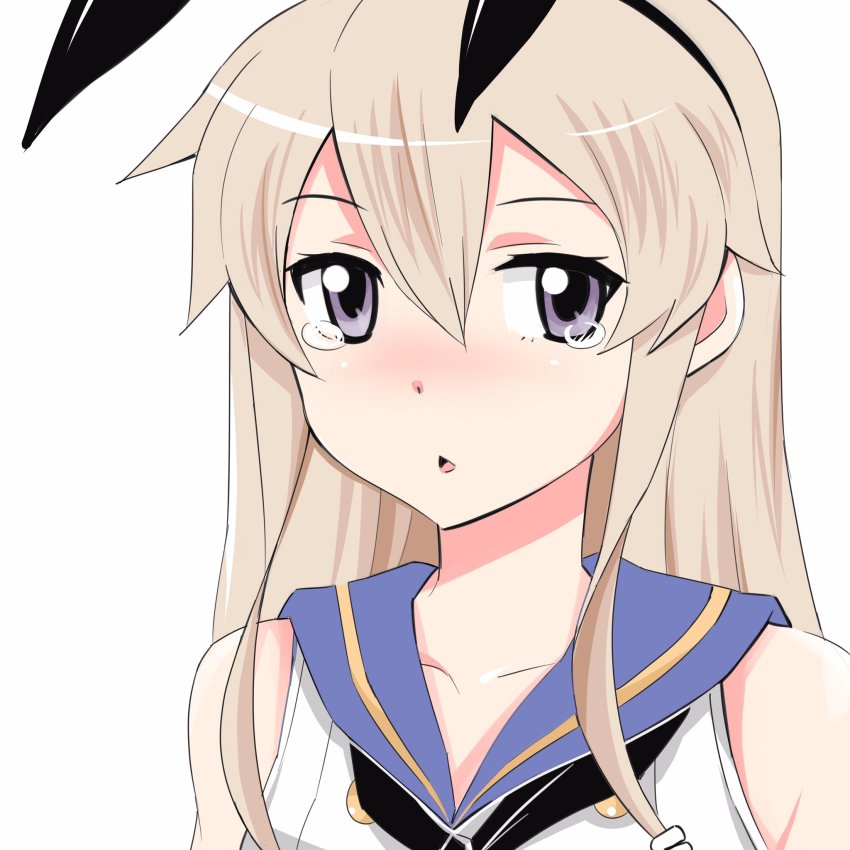 1girl animal_ears blonde_hair blush collarbone commentary_request fake_animal_ears female_focus grey_eyes hair_between_eyes hair_ornament hairband highres inoue_kousei kantai_collection long_hair looking_at_viewer nose_blush open_mouth rabbit_ears sailor_collar shadow shimakaze_(kancolle) shirt sidelocks sleeveless sleeveless_shirt solo tearing_up upper_body white_background