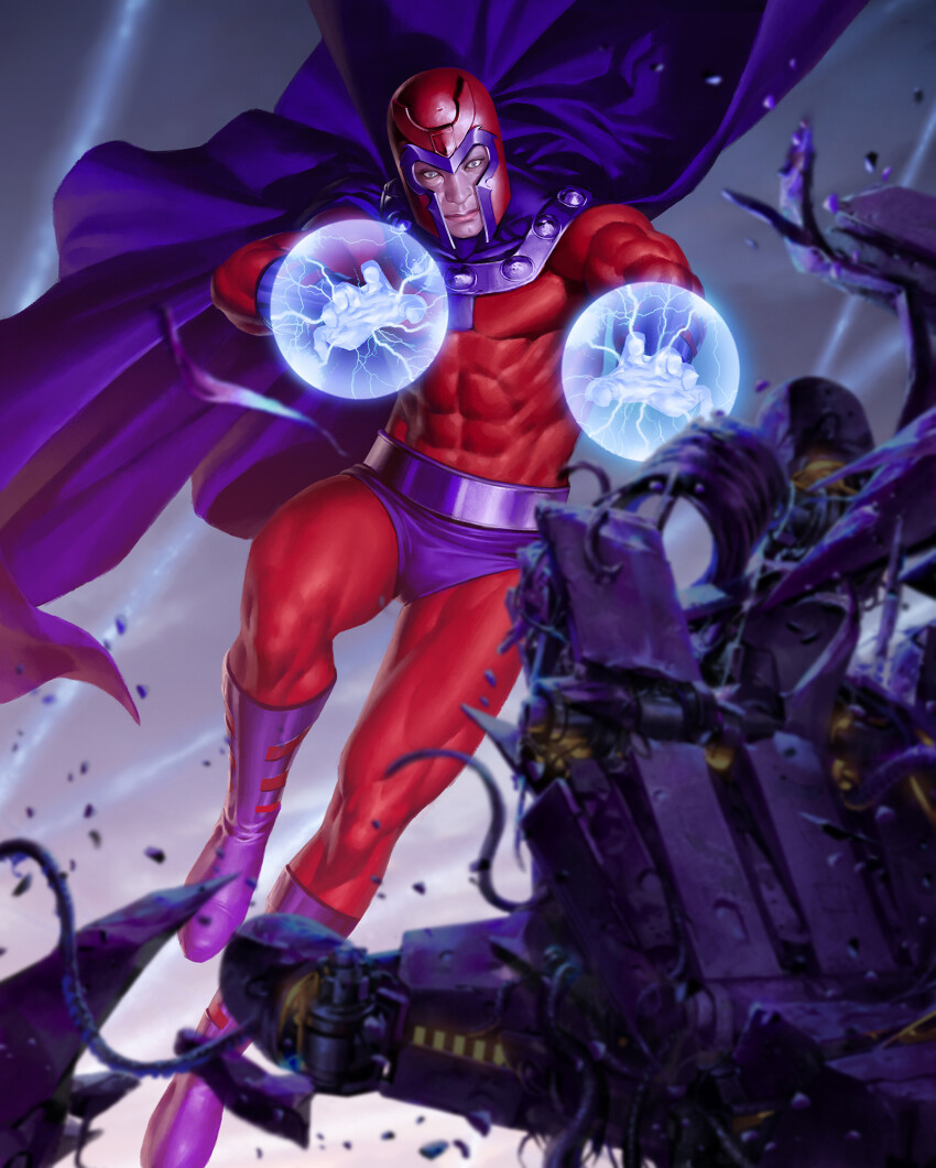 1boy bodysuit boots cape covered_abs gloves helmet highres magneto male_underwear marvel purple_boots purple_cape purple_gloves purple_male_underwear red_bodysuit solo telekinesis underwear wreckage x-men yoon_junggeun