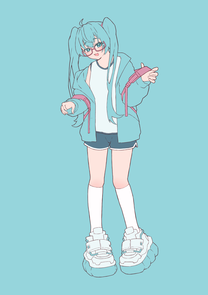 1girl :3 absurdres ahoge backpack bag blue_background blue_eyes blue_hair blue_jacket blush full_body glasses hair_between_eyes hatsune_miku highres hood hooded_jacket jacket looking_at_viewer open_mouth pink_bag platform_shoes short_shorts shorts single_bare_shoulder single_off_shoulder socks solo standing tank_top twintails vocaloid white_socks zephda