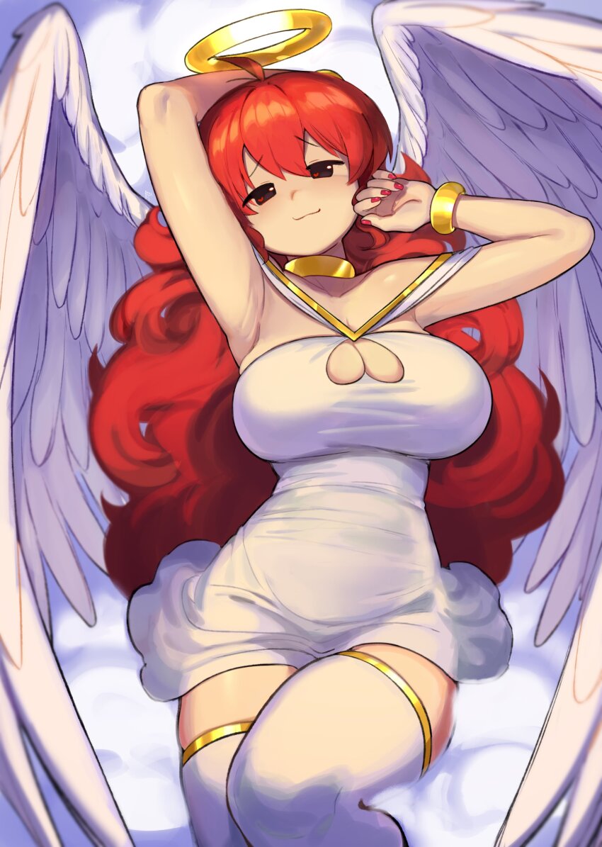 1girl absurdres alternate_costume alternate_species angel angel_wings armpits benzbt bracelet cleavage_cutout clothing_cutout cloud dress friday_night_funkin&#039; girlfriend_(friday_night_funkin&#039;) gold_bracelet gold_choker halo highres jewelry long_hair looking_at_viewer on_cloud presenting_armpit red_eyes red_hair red_nails solo solo_focus thighhighs white_dress white_thighhighs wings