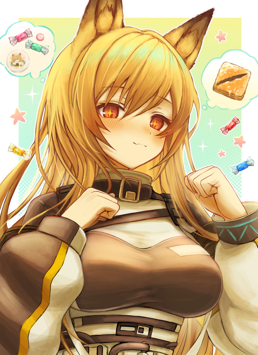 +_+ 1girl 3_(sanyako1) animal_ears arknights baklava belt blonde_hair blush bracelet breasts buckle candy ceobe_(arknights) closed_mouth collar dog_ears food gradient_background highres impossible_clothes infection_monitor_(arknights) jewelry large_breasts long_hair looking_at_viewer red_eyes smile solo sparkle speech_bubble star_(symbol) thought_bubble underbust upper_body
