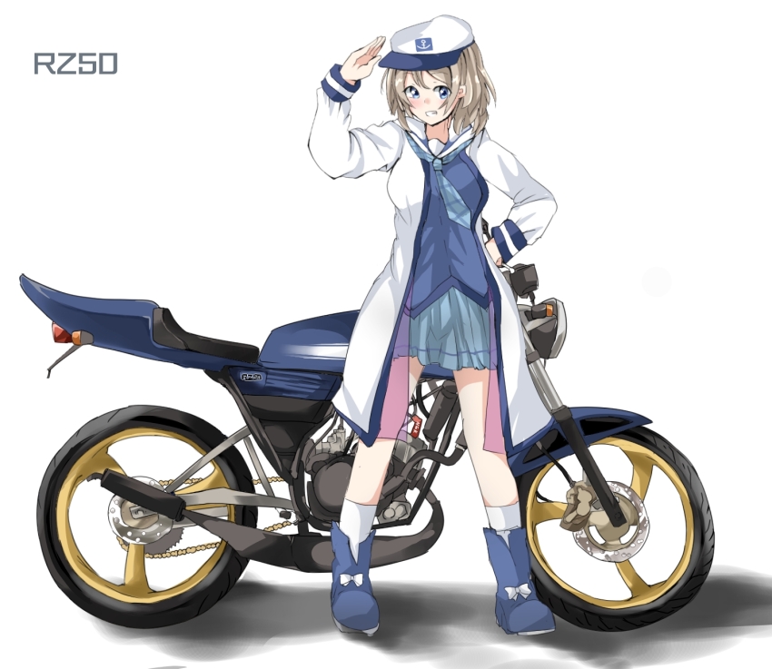1girl blue_boots blue_eyes blue_necktie blue_shirt blue_skirt blush boots breasts coat commentary_request full_body grin hat highres houkai_(collapse_illust) light_brown_hair long_sleeves looking_at_viewer love_live! love_live!_sunshine!! medium_breasts motor_vehicle motorcycle necktie open_clothes open_coat plaid_clothes plaid_necktie sailor_hat salute shirt simple_background skirt smile socks solo standing watanabe_you white_background white_coat white_hat white_socks yamaha yamaha_rz250