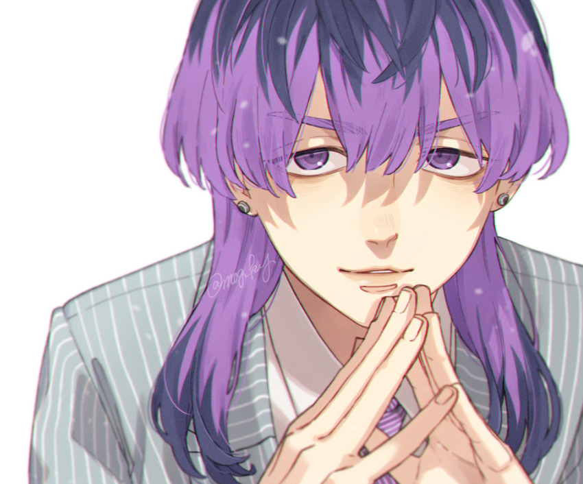 1boy blue_suit close-up collared_shirt ear_piercing formal_clothes haitani_rindou leaning_forward light_blue_jacket light_smile looking_at_viewer male_focus medium_hair mog_ky multicolored_hair necktie own_hands_together parted_lips piercing portrait purple_eyes purple_hair purple_necktie shirt simple_background solo striped_clothes suit tokyo_revengers twitter_username two-tone_hair white_shirt wolf_cut
