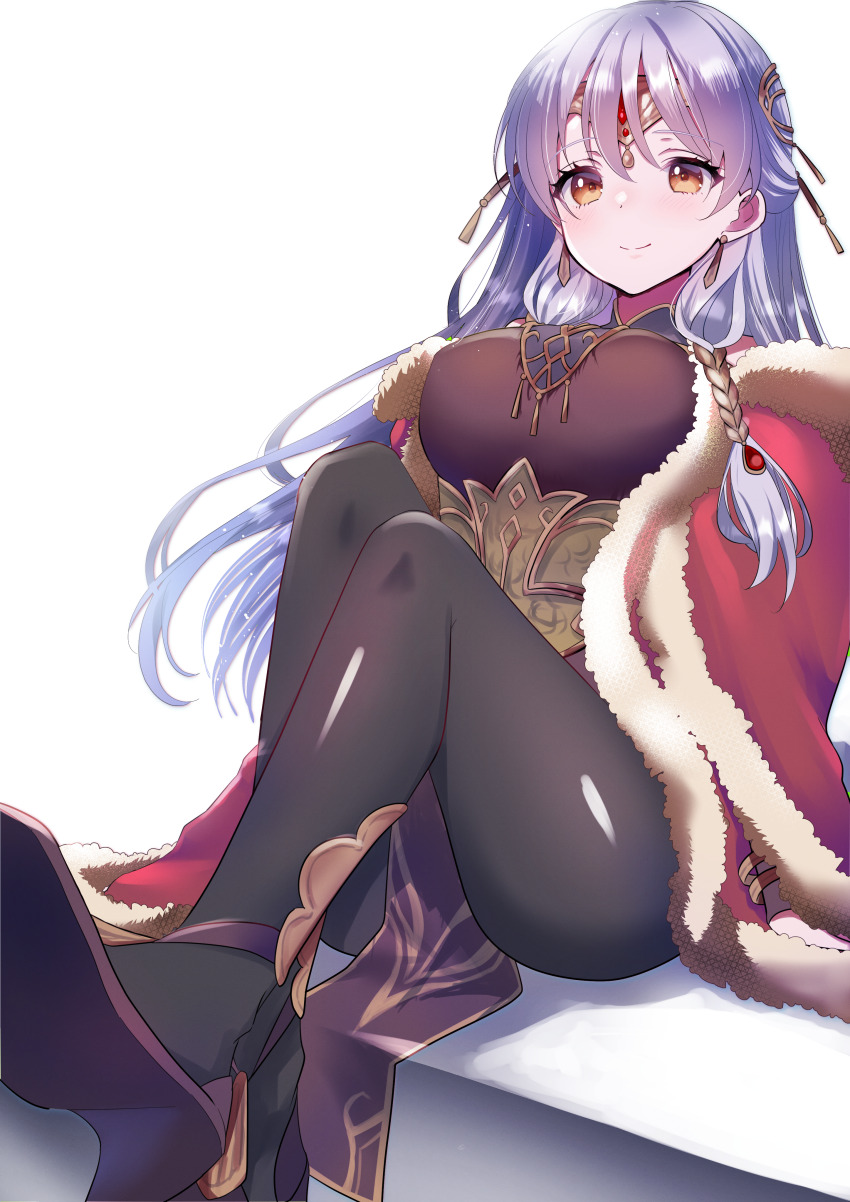 1girl absurdres azusa_(azchemist63) black_dress black_pantyhose breasts cape circlet closed_mouth dress earrings fire_emblem fire_emblem:_radiant_dawn fire_emblem_heroes foreshortening fur_trim grey_hair hair_ornament highres jewelry large_breasts light_smile long_hair looking_at_viewer micaiah_(fire_emblem) micaiah_(radiant_queen)_(fire_emblem) nintendo official_alternate_costume pantyhose red_cape shoes simple_background sitting solo thighs variant_set white_background yellow_eyes