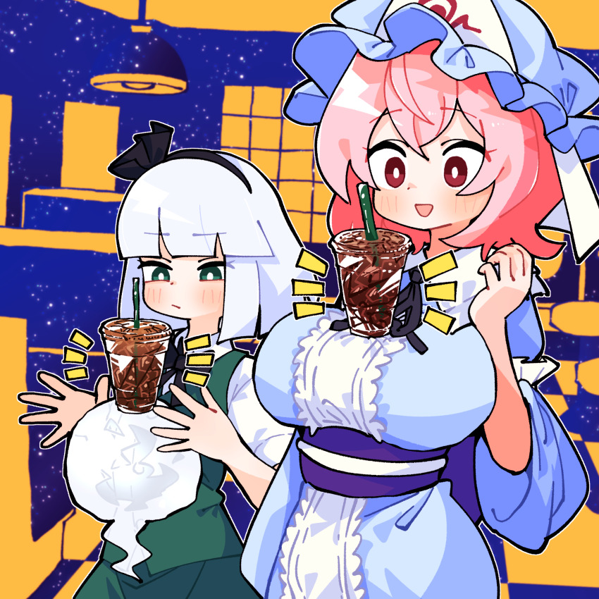 2girls :/ balancing black_bow black_bowtie black_hairband black_ribbon blue_hat blue_kimono blush bow bowtie breasts bright_pupils bubble_tea_challenge closed_mouth collared_shirt commentary cup disposable_cup frilled_kimono frills gram_9 green_eyes green_skirt green_vest grey_hair hairband hat highres hitodama japanese_clothes kimono konpaku_youmu konpaku_youmu_(ghost) large_breasts long_sleeves mob_cap multiple_girls neck_ribbon obi obijime open_mouth pink_eyes pink_hair purple_sash red_eyes ribbon saigyouji_yuyuko sash shirt skirt skirt_set sleeve_garter smile touhou triangular_headpiece vest white_pupils white_shirt