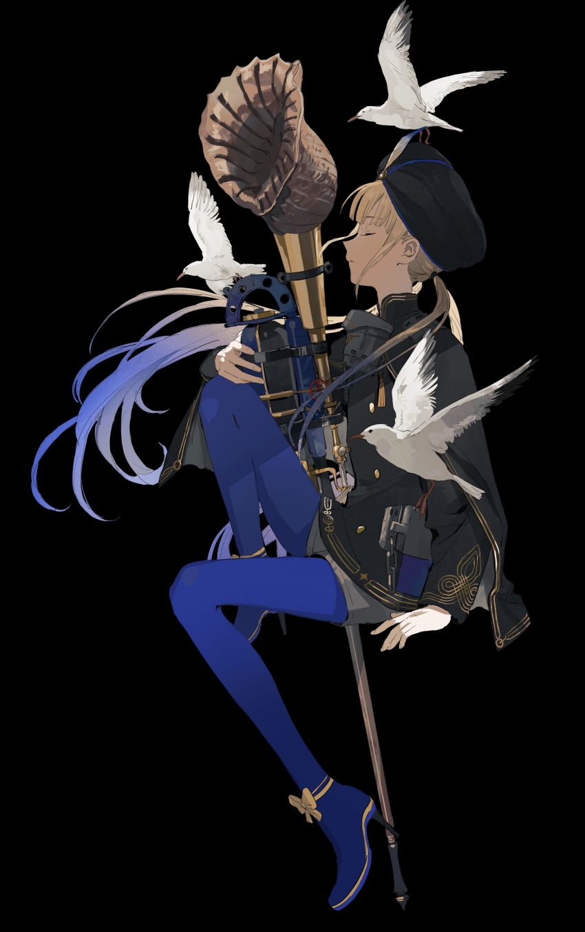 1boy absurdres androgynous artist_name bird black_background black_hat black_jacket black_poncho blonde_hair blue_hair blue_leggings buttons captain_nemo_(fate) captain_nemo_(third_ascension)_(fate) chinese_commentary closed_eyes commentary_request double-breasted fate/grand_order fate_(series) from_side full_body gradient_hair grey_shorts hat high_heels highres holding holding_staff invisible_chair jacket knee_up leggings long_hair long_sleeves low_twintails male_focus mimulishizi multicolored_hair nemo_(fate) parted_lips seagull seashell shell shorts simple_background sitting solo staff tassel turban twintails two-tone_hair very_long_hair