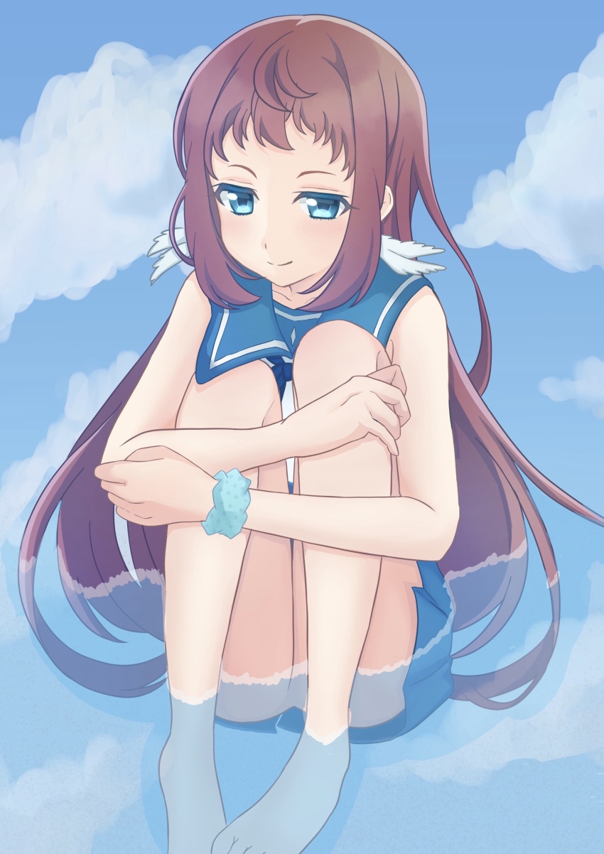 1girl absurdres blue_eyes blue_scrunchie brown_hair dress female_focus highres hugging_own_legs long_hair looking_at_viewer mukaido_manaka nagi_no_asukara partially_submerged sailor_dress school_uniform scrunchie serafuku sitting sleeveless sleeveless_dress solo tsukimiya_kanade