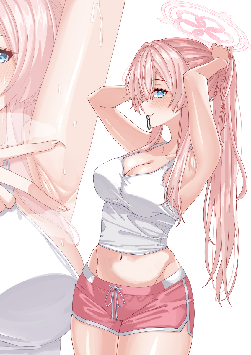 1girl absurdres alternate_costume armpit_focus armpits arms_behind_head blue_archive blue_eyes blush breasts commentary dolphin_shorts hair_tie hair_tie_in_mouth halo highres long_hair looking_at_viewer mimori_(blue_archive) mouth_hold multiple_views navel pink_hair ponytail presenting_armpit rynn_(darknescorez) shorts sideways_glance simple_background spread_armpit sweat tank_top tying_hair white_background