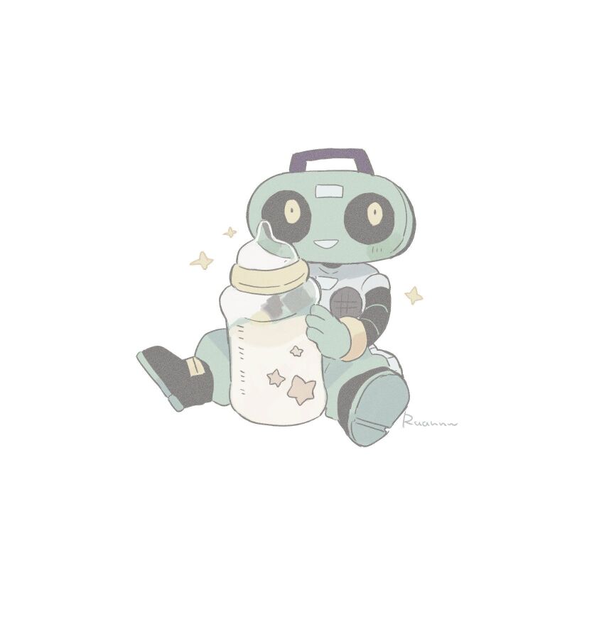 1boy artist_name baby_bottle bad_id bad_twitter_id black_footwear bottle cd_player commentary_request deltarune fewer_digits full_body gloves green_gloves green_pants grin highres humanoid_robot inactive_account k_k_(deltarune) male_focus mechanical_arms object_head pants robot ruannu simple_background sitting smile solo sparkle star_(symbol) white_background yellow_eyes