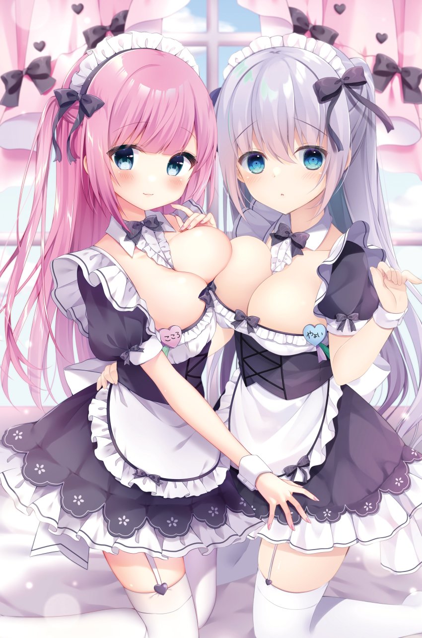 2girls :o absurdres apron blue_eyes blush braid breast_press breast_suppress breasts breasts_out cleavage cleavage_cutout clothing_cutout dress frilled_dress frilled_skirt frills grey_eyes grey_hair hair_between_eyes hair_ornament hair_ribbon highres lace lace_skirt long_hair looking_at_viewer maid maid_apron maid_headdress medium_breasts multiple_girls name_tag open_mouth original pink_hair ribbon skirt smile twintails very_long_hair yukimura_usagi