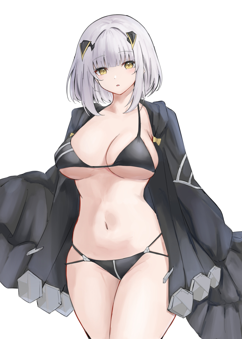 1girl absurdres azur_lane bikini black_bikini black_dress breasts cleavage cowboy_shot dress explorer_(azur_lane) green_eyes headgear highres large_breasts long_sleeves looking_at_viewer navel open_clothes open_dress open_mouth short_hair simple_background siren_(azur_lane) solo soul_(dp11) stomach swimsuit thighs white_background white_hair wide_sleeves