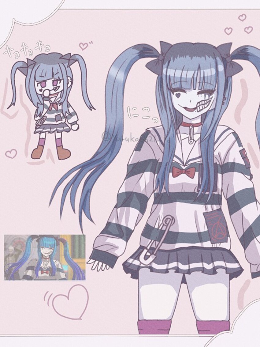 1girl amemiya_darumi black_hairband black_skirt blue_hair border bow chibi closed_eyes collar ear_piercing face_piercing grey_border hairband hand_on_own_face heart highres lip_piercing long_sleeves multicolored_hair multiple_views open_hands piercing pink_background pink_eyes pink_thighhighs pleated_skirt red_bow red_collar safety_pin shirt skirt striped_clothes striped_shirt the_hundred_line_-last_defense_academy- thighhighs twintails