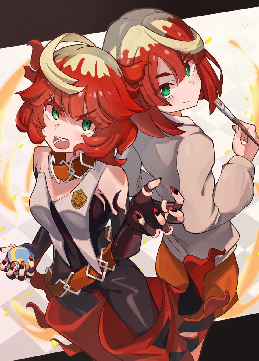 1girl ahoge bare_shoulders belt black_bodysuit blonde_hair bodysuit boots collar fiery_clothing fingerless_gloves freckles gloves green_eyes highres holding holding_paintbrush large_shoes looking_at_viewer mela_(pokemon) multicolored_hair multicolored_nails naranja_academy_(emblem) naranja_academy_school_uniform nintendo official_alternate_costume official_alternate_hairstyle orange_belt orange_collar paintbrush poke_ball pokemon pokemon_sv quick_ball red_hair school_uniform shoes short_hair smile two-tone_hair umiru